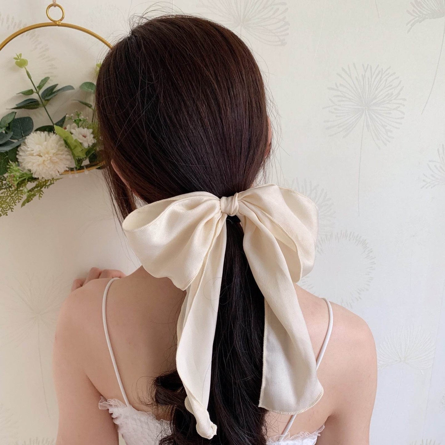 Silk satin oversized bow tie Hair Scrunchies ponytail Holder - www.Shopthatapp.com