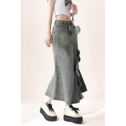 Irregular Half-length Split Denim long Skirt - www.Shopthatapp.com