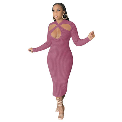 Chic V-neck Long Sleeve  Midi  Party Club Bodycon Pencil Dress - www.Shopthatapp.com