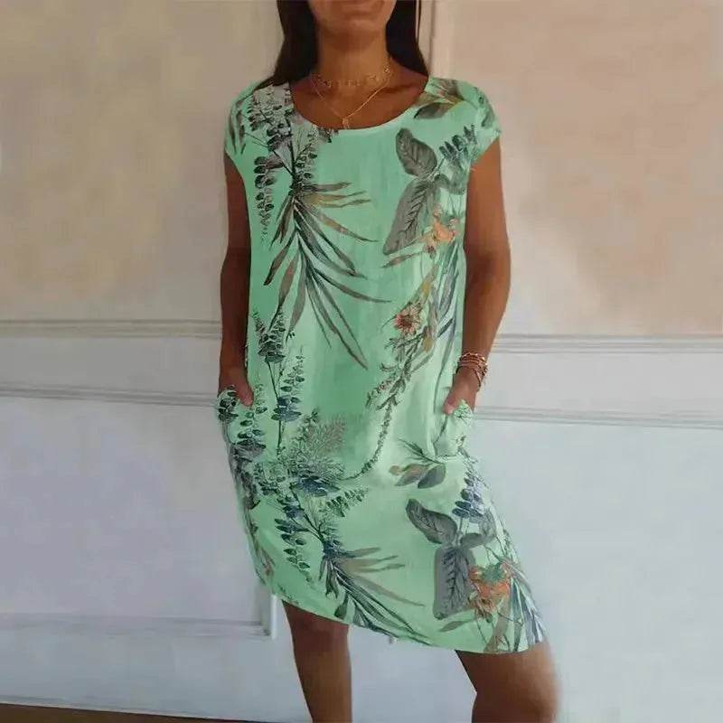 Casual Floral Printed Straight Dress Summer Loose Round Neck Short Sleeve Midi Dresses Womens Clothing - www.Shopthatapp.com