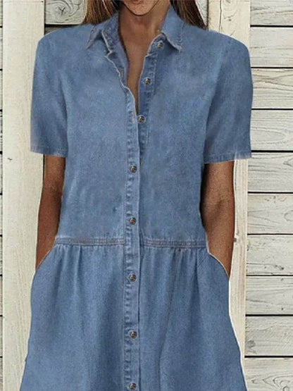 Women's European And American Lapel Casual loose button down Midi Denim jeans Mum Dress - www.Shopthatapp.com