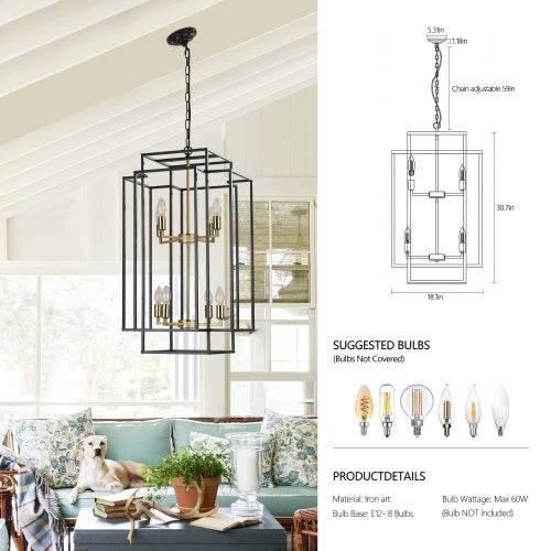 8 Lights Black & Gold Lantern Tiered Chandelier, Industrial Farmhouse Chandelier - No Bulbs - www.Shopthatapp.com