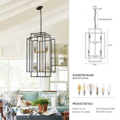 8 Lights Black & Gold Lantern Tiered Chandelier, Industrial Farmhouse Chandelier - No Bulbs - www.Shopthatapp.com