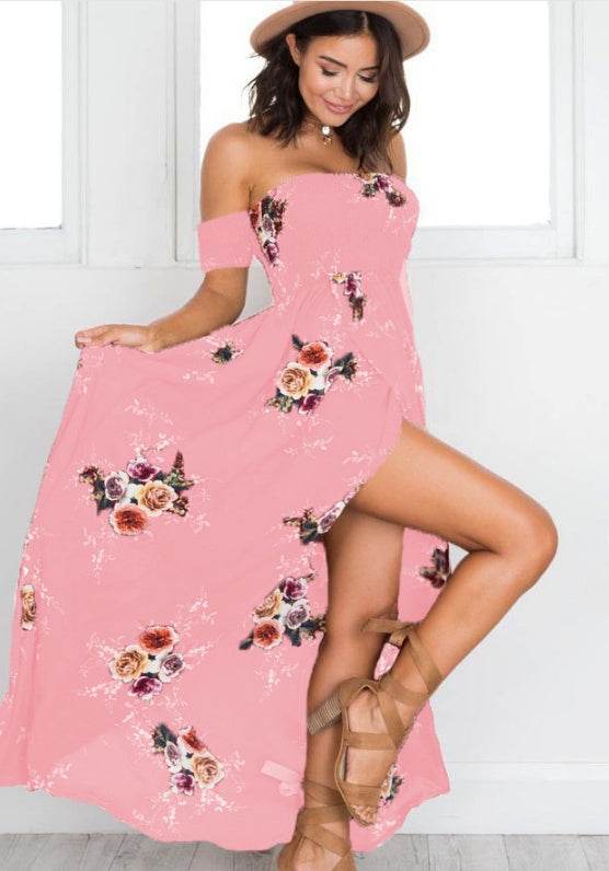 Elegant Ladies Summer Boho Vacation Resort Slit Maxi dress off shoulder Long floral Beach summer slit dress - www.Shopthatapp.com