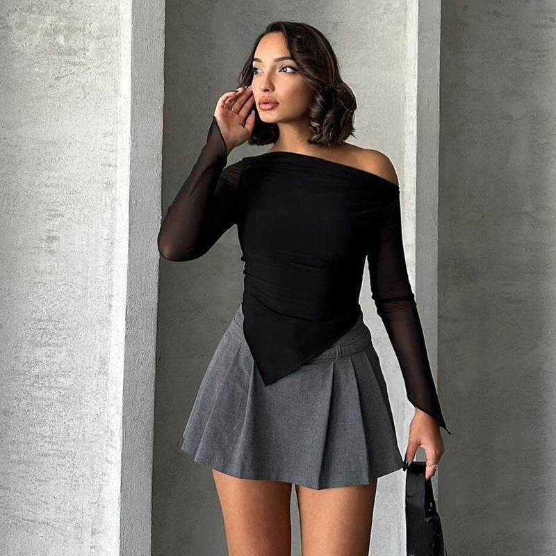 Slant shoulder Micro-transparent Irregular Bodycon top blouse  women - www.Shopthatapp.com