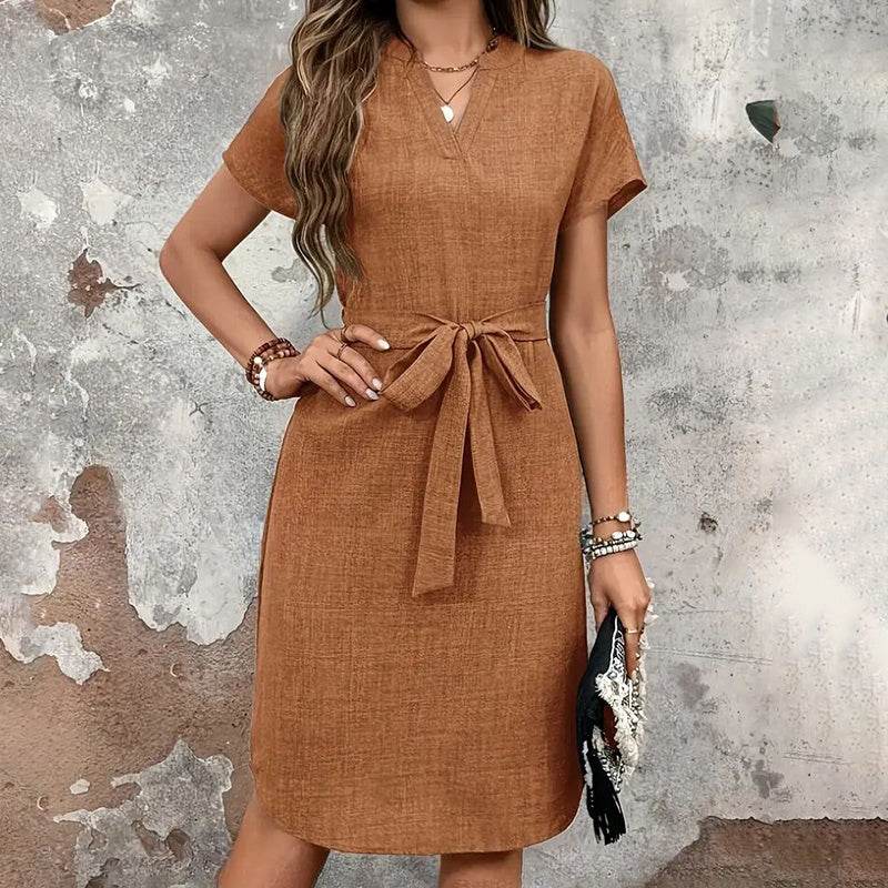 tie belt dress & Elegant V Neck Short Sleeve Casual Summer - www.Shopthatapp.com