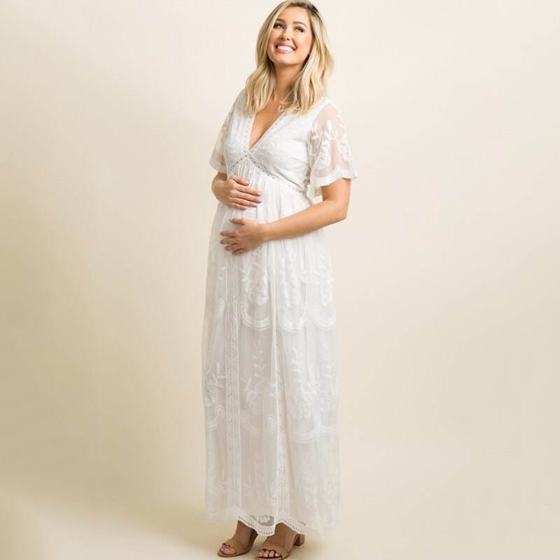 Maternity Dresses for Photo Shoot Summer V Neck White Lace Short Sleeve Pregnancy Dress Pregnant Women Photography Maxi Dress - www.Shopthatapp.com