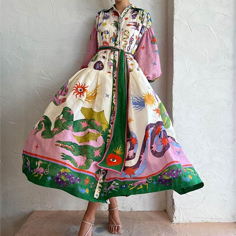 Print Holiday Women Beach Dress With Belts A-Line Long Lantern Sleeve Single Breasted Lapel Seaside Dresses Robe - www.Shopthatapp.com