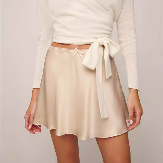 Boutique Mini Satin Skirt High Waist Elastic Solid Color flared skirt - www.Shopthatapp.com