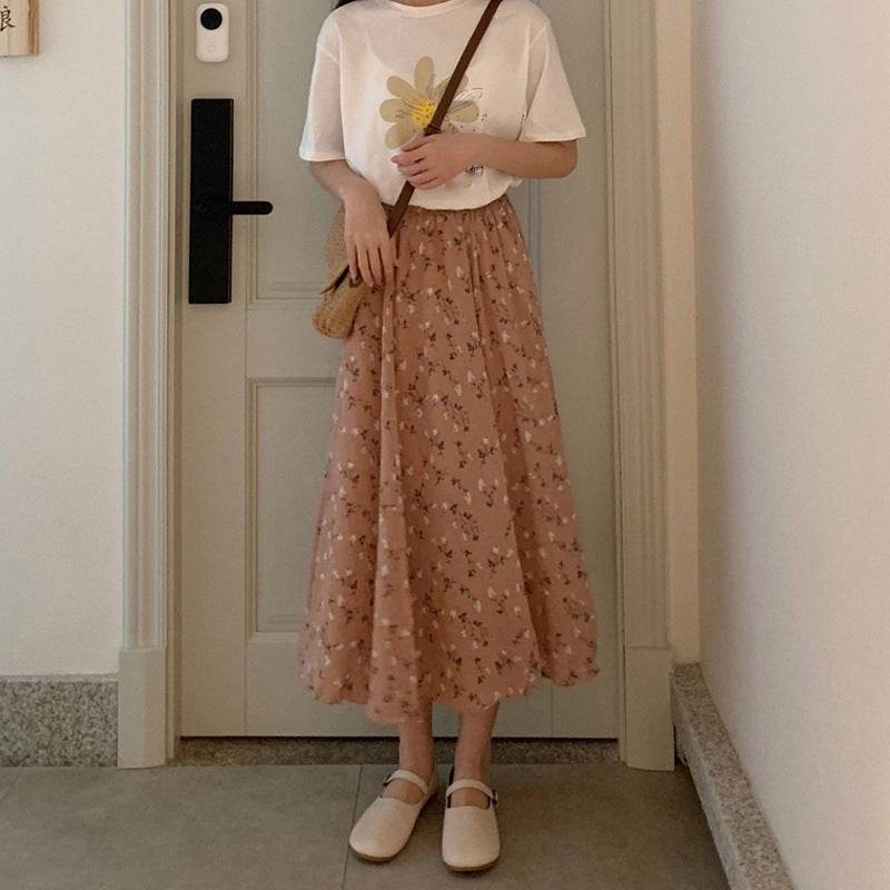 Casual Floral New Fresh High Waist Slimming Korean-style Midi A- Line Skirt - www.Shopthatapp.com