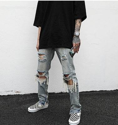 Destroyed ripped Denim jeans Pant men straight leg men - www.Shopthatapp.com
