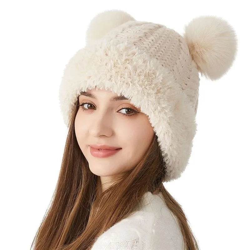 Women Winter Cute Fur Ball Knitted Beanie Hat Outdoor - www.Shopthatapp.com