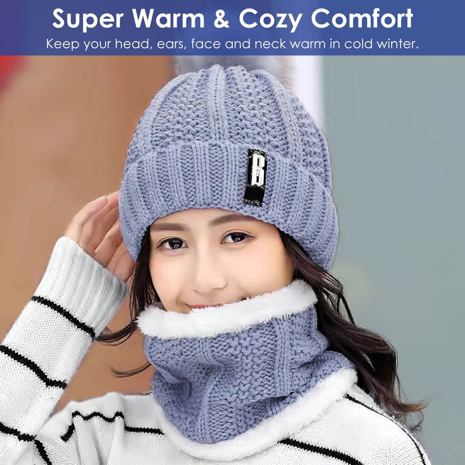 1Set Winter Beanie Hat Scarf Set Women Warm Knitting Skull Cap Neck Warmer For Walking Running Hiking Camping Outdoors Gift - www.Shopthatapp.com