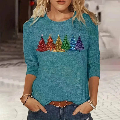 Women's Long-sleeved T-shirt Christmas Tree Printed Round Neck Loose Casual - www.Shopthatapp.com