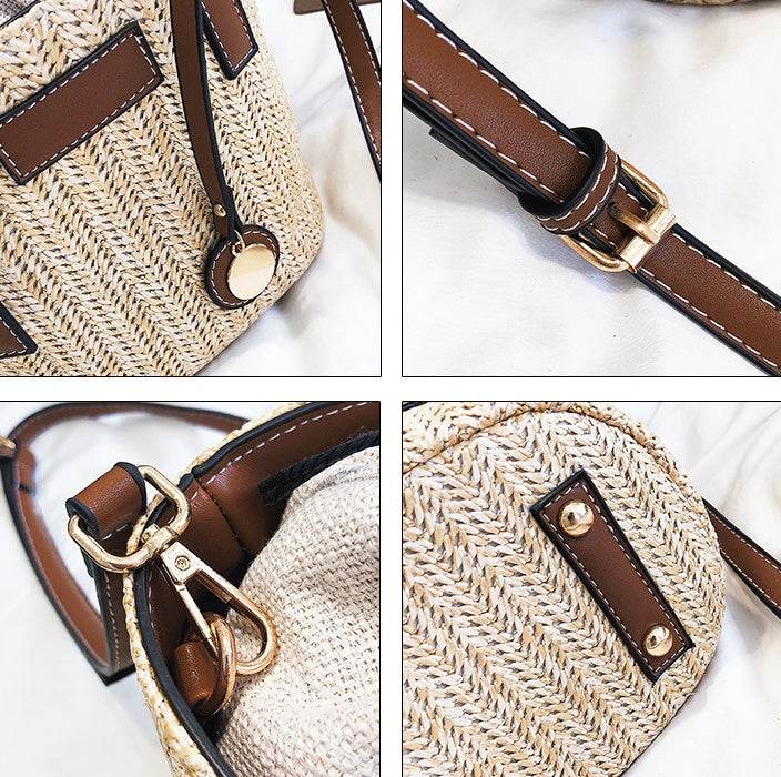 Women's bag hand-woven contrast color bucket straw bag cylinder handbag diagonal shoulder beach bag - www.Shopthatapp.com