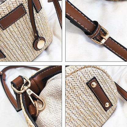 Women's bag hand-woven contrast color bucket straw bag cylinder handbag diagonal shoulder beach bag - www.Shopthatapp.com
