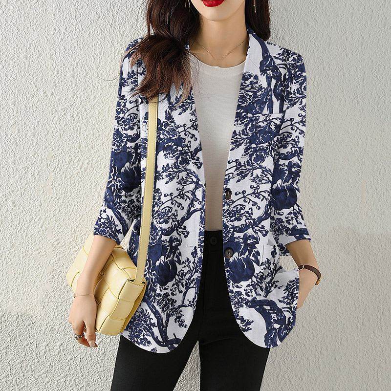 Women's Button Printed Long-sleeved Pocket Vintage Cotton And Linen jacket Blazer - www.Shopthatapp.com