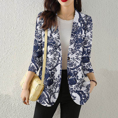 Women's Button Printed Long-sleeved Pocket Vintage Cotton And Linen jacket Blazer - www.Shopthatapp.com
