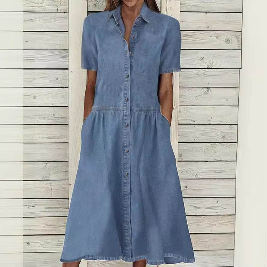 Women's European And American Lapel Casual loose button down Midi Denim jeans Mum Dress - www.Shopthatapp.com