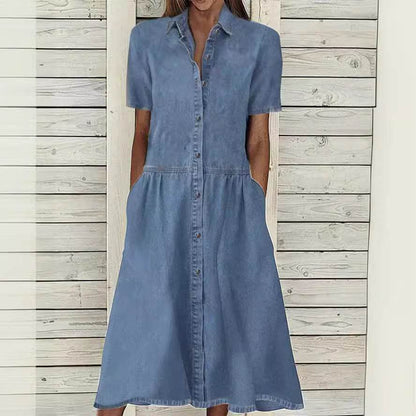 Women's European And American Lapel Casual loose button down Midi Denim jeans Mum Dress - www.Shopthatapp.com