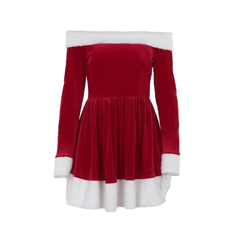 Women's Christmas Costume Santa Dress Plush Trim Boat-Neck Off-Shoulder Sleeve Dress New Year Party Cosplay Costume - www.Shopthatapp.com