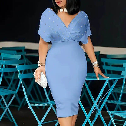 Women's Back Zipper dress Elegant Deep V Neck Wrap Bodycon Dress Pencil Midi Dress - www.Shopthatapp.com