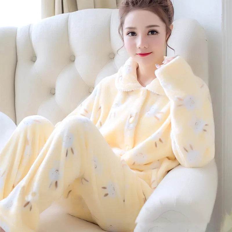 Women Coral Velvet Fleece Pajamas Fall Winter Loungewear Flannel  Sleepwear - www.Shopthatapp.com