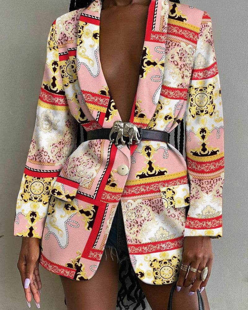 Fashion Printed Shawl Collar Single-breasted Belt Vintage Blazer Women - www.Shopthatapp.com