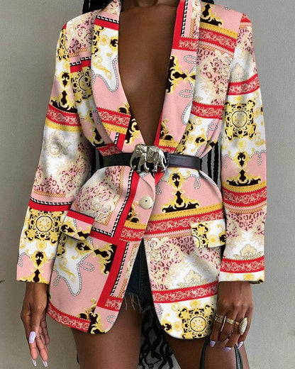 Fashion Printed Shawl Collar Single-breasted Belt Vintage Blazer Women - www.Shopthatapp.com
