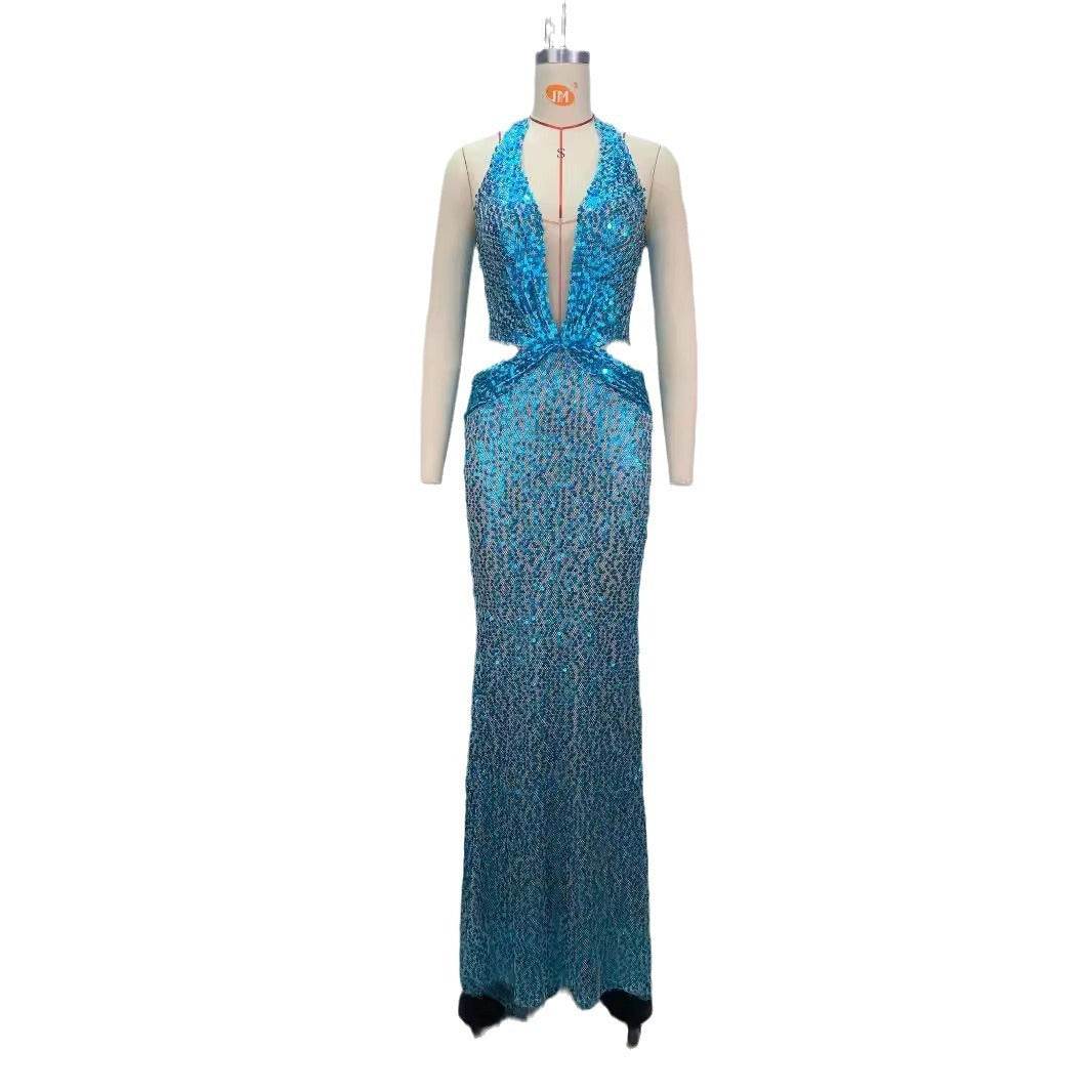 New Halter Deep V-neck Slim fit Sequined Evening Party Dress - www.Shopthatapp.com
