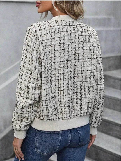 Autumn Winter Casual Long Sleeve plaid Houndstooth  zipper outwear jacket women - www.Shopthatapp.com