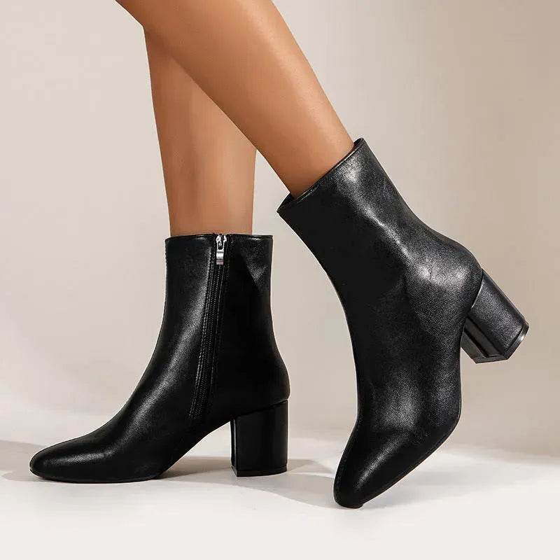 Winter Chunky Heel Pointed Toe Boots With Side Zipper Fashion Mid-calf Boot For Women Shoes - www.Shopthatapp.com