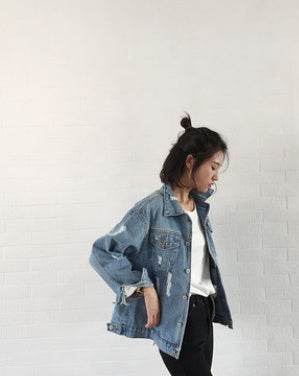 Unisex Casual Loose Wash Water Outwear Frayed Denim Jacket - www.Shopthatapp.com
