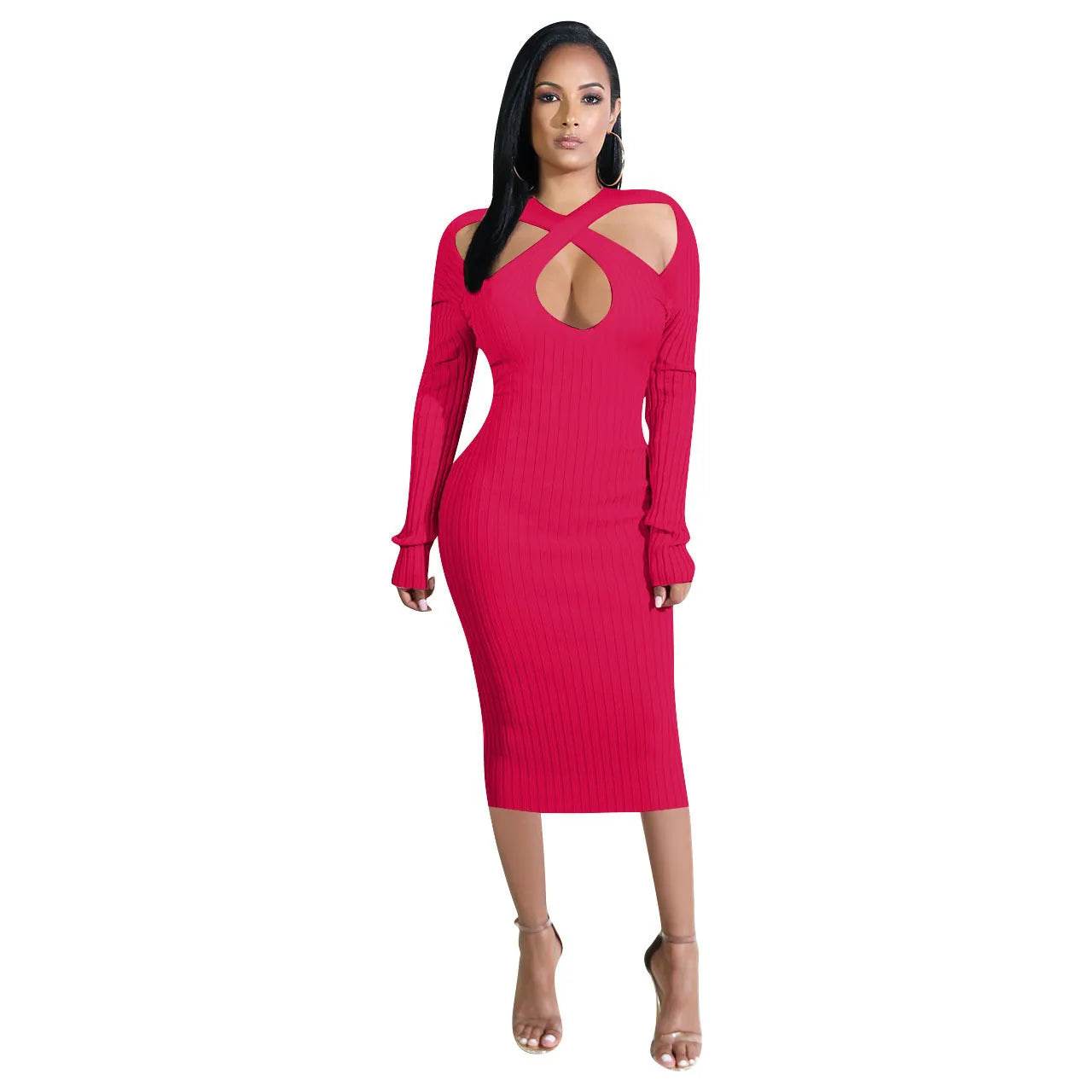 Chic V-neck Long Sleeve  Midi  Party Club Bodycon Pencil Dress - www.Shopthatapp.com