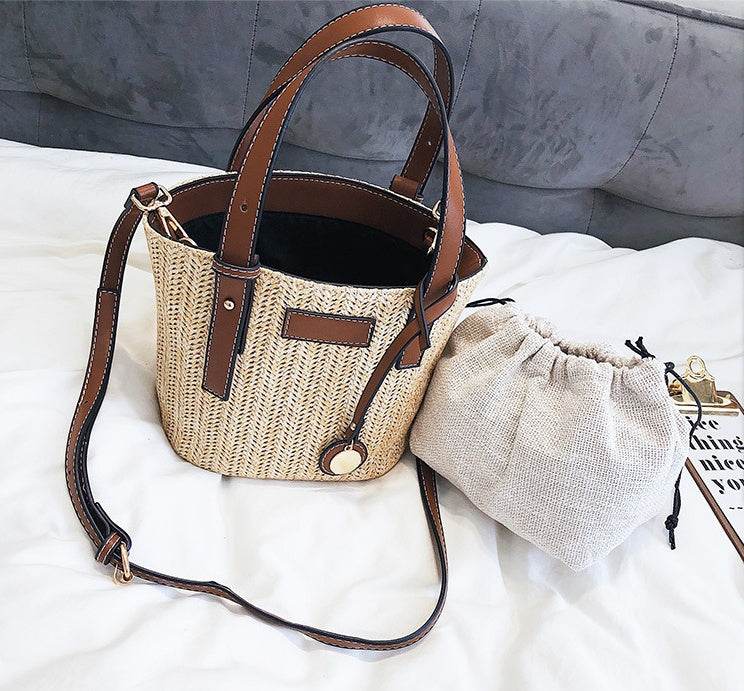 Women's bag hand-woven contrast color bucket straw bag cylinder handbag diagonal shoulder beach bag - www.Shopthatapp.com
