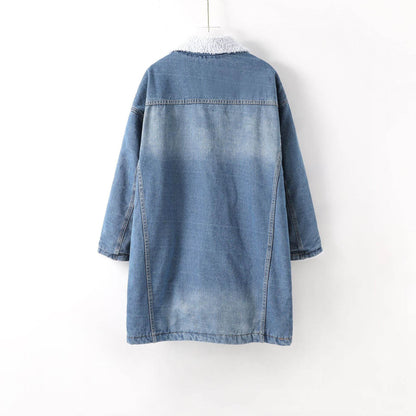 Blue Fleece Lined Denim Jacket 3/4 Sleeve Unisex Jeans Jacket
