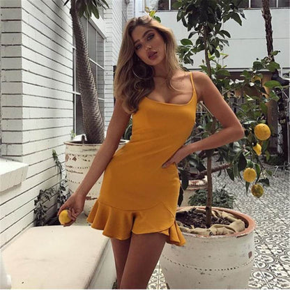New Ruffles Trumpet Dress Women Sleeveless Spaghetti Strap Slim Summer Dress Party Short Dresses Vestidos - www.Shopthatapp.com