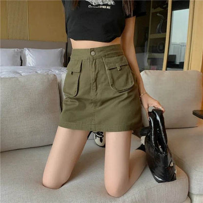 Workwear Denim Skirt Women's A- Line High Waist Mini Cargo Skirt - www.Shopthatapp.com