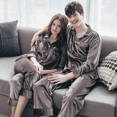 2pcs Couple Gold Velvet Long Sleeve Pajamas set - www.Shopthatapp.com