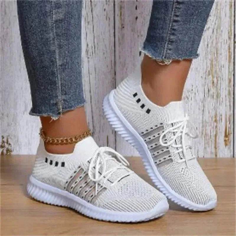 Casual Lace-up Mesh Sneakers Breathable Flying Woven Round Toe Walking Running Sports Shoes for Women - www.Shopthatapp.com