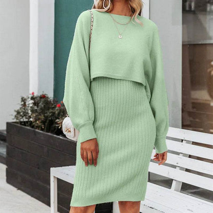Women 2pcs Winter Outfit Cashmere dress Cropped Pullover top - www.Shopthatapp.com