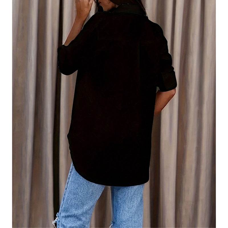 Women's Casual Long Sleeve Button-Down Shirt With Roll-Up Sleeves, Stylish Mid-Length Blouse For Everyday Wear - www.Shopthatapp.com