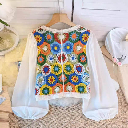 Summer Vacation Style Crocheted Hollow Design Knitted Chiffon Patchwork Long Sleeve Retro Slimming V-neck blouse top For Women - www.Shopthatapp.com