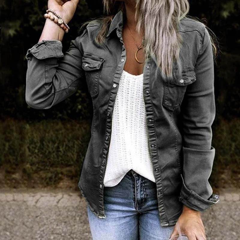 Fitted Denim Jacket Mid Length European American Style - www.Shopthatapp.com