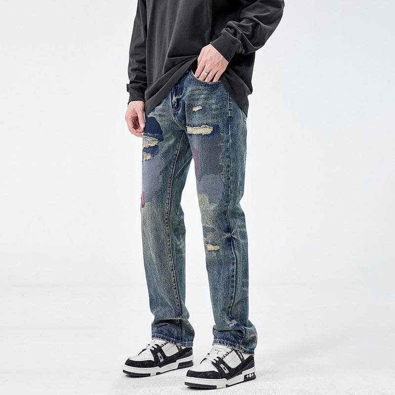 American Style Loose Broken Patch Straight Retro Denim Jeans pant Trousers Men - www.Shopthatapp.com