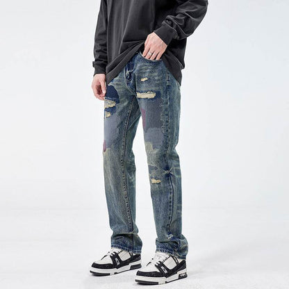 American Style Loose Broken Patch Straight Retro Denim Jeans pant Trousers Men - www.Shopthatapp.com