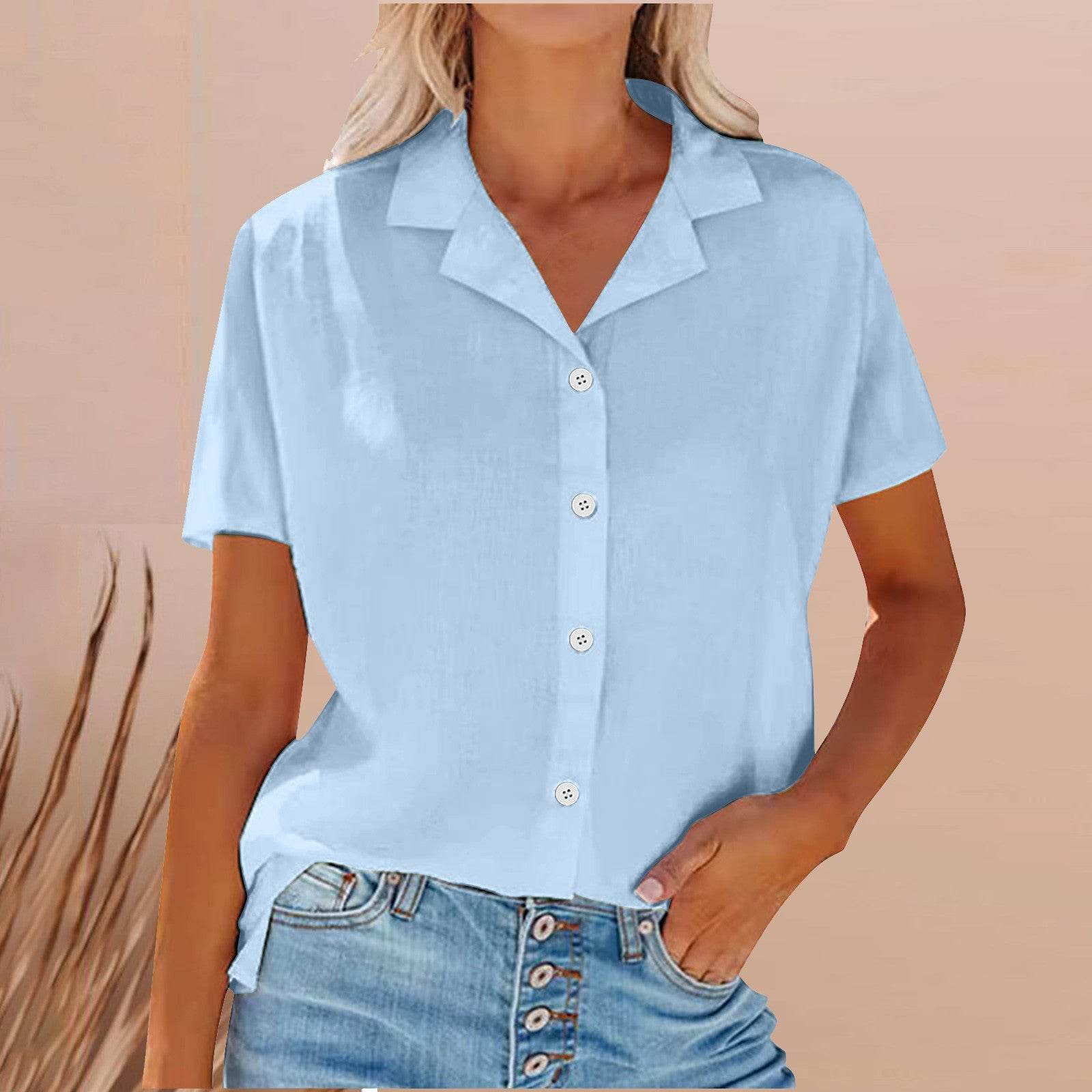 Spring Summer Lapel Cotton And Linen Casual short sleeve Shirt For Women - www.Shopthatapp.com