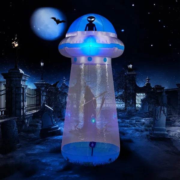 8.8 FT Halloween Inflatable UFO Yard Decoration, Fun Tall Blow Up Yard Decor With Built-in LED Lights And Stand Inside Design For Holiday Party Yard Lawn Garden Decor Indoor Outdoor - www.Shopthatapp.com