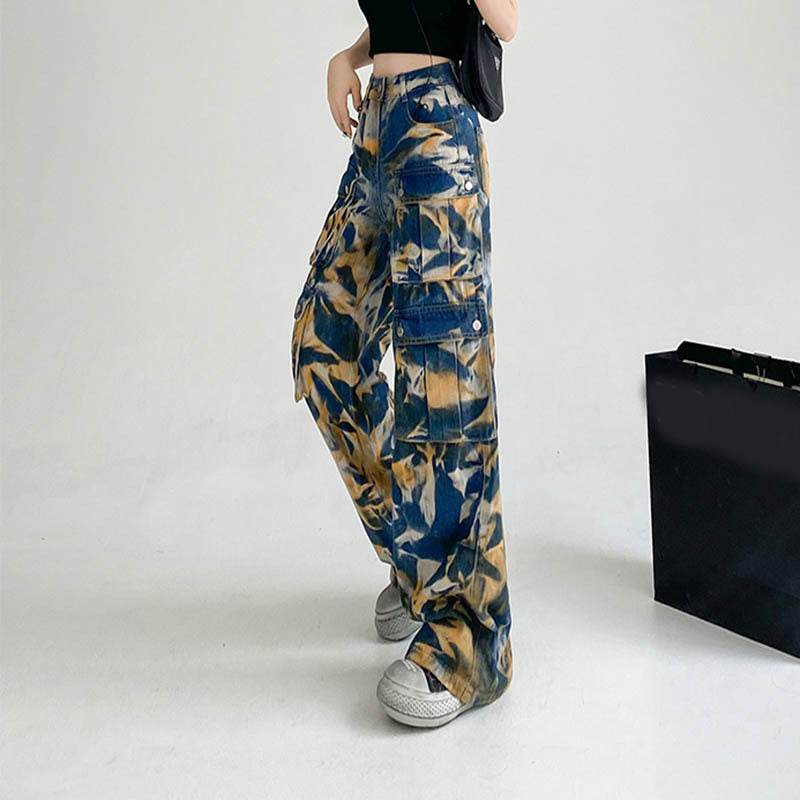 New Tie-dye Baggy CargoTrousers With Pockets Y2K Fashion High Waist Loose Wide Leg Pants Spring And Autumn - www.Shopthatapp.com