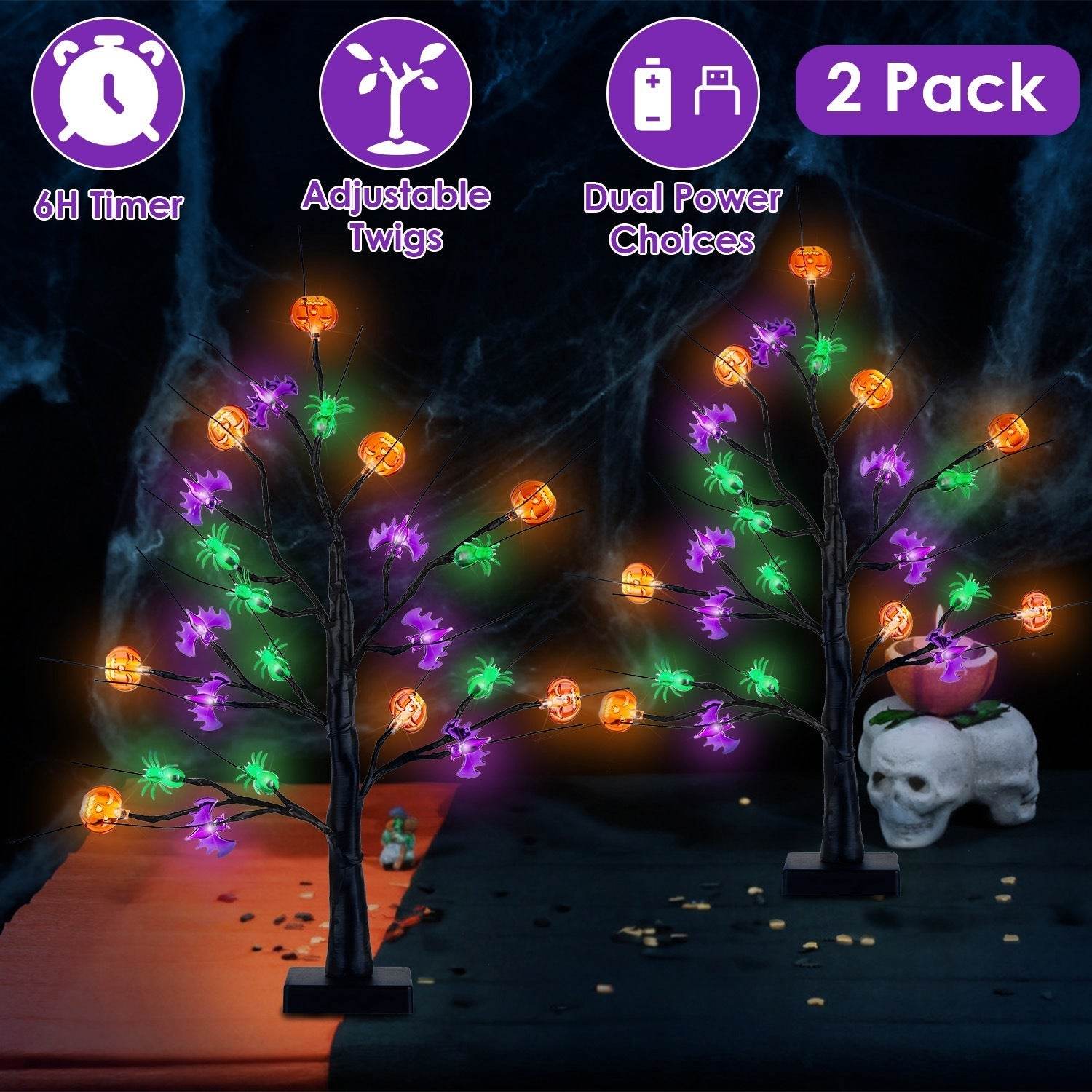 2Pack 1.97FT Lighted Halloween Trees Halloween Indoor Decorations Black Halloween Tree Lights With Timer Adjustable Twigs For Tabletop Party - www.Shopthatapp.com #